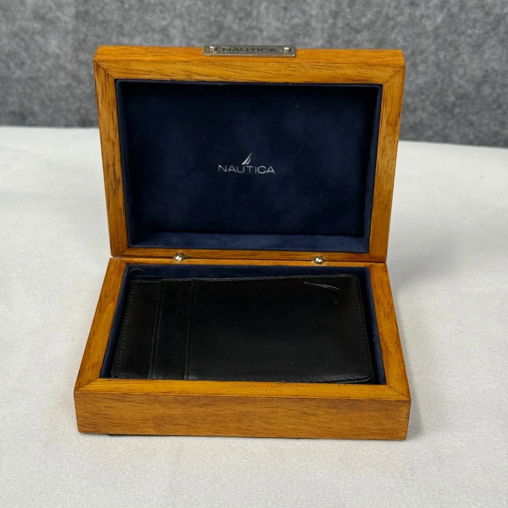 Nautica Mens Black Leather Card Holder Wallet Money Clip‎ With Wooden Box